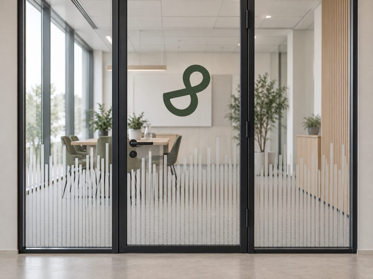 Glassdør med logo i grønn folie og frostet stripemønster nederst